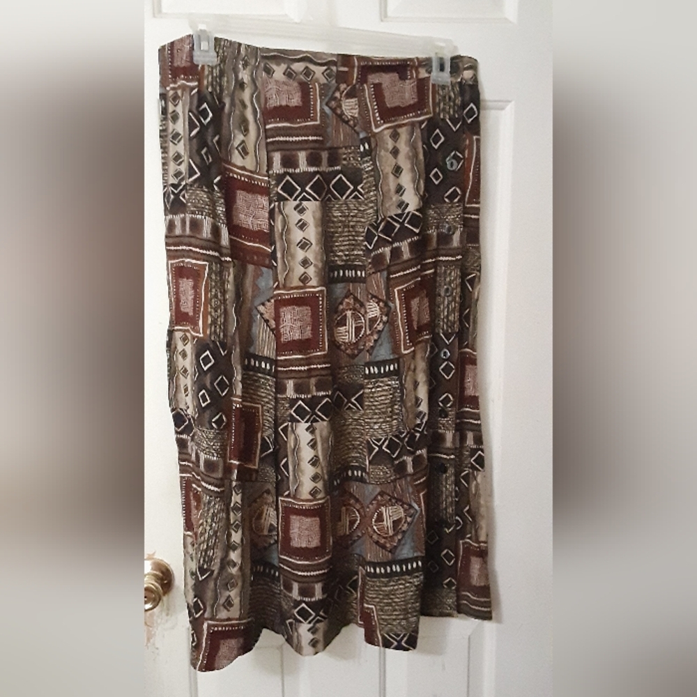 Vintage, Basic Edition, W20, buttons down side, graphic,browns, 100% Rayon skirt